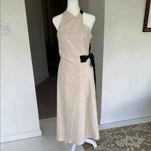Beige Linen Halter Tie-Waist Maxi Dress